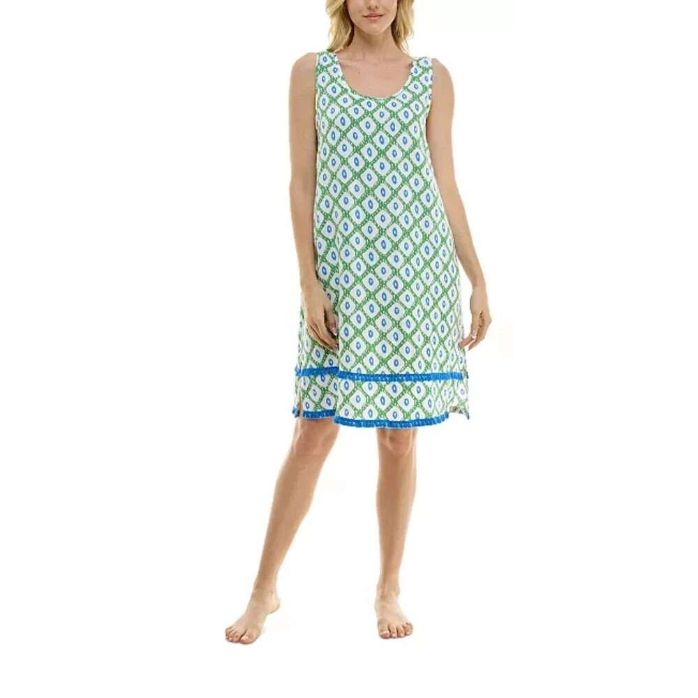 Roudelain Size XL Womens Sleeveless Nightgown Blue Green Print Scoop Neck Fringe